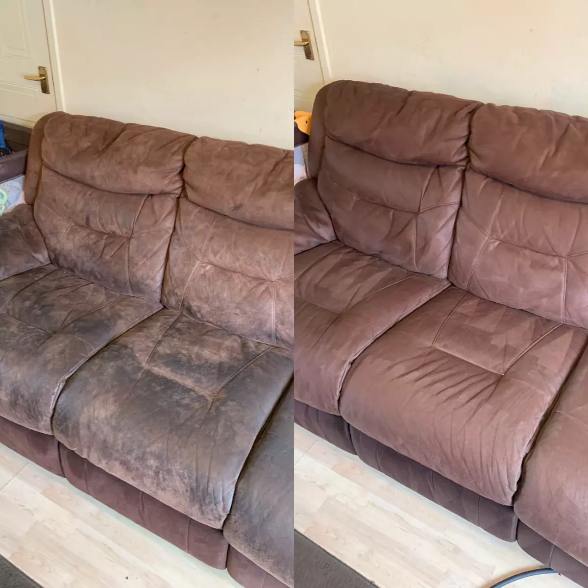 Side-by-side comparison of a brown leather sofa before and after professional cleaning, with the left side showing heavy grime and the right side showing a clean restored surface
