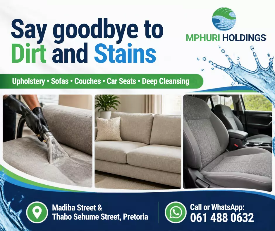 Mphuri Holdings cleaning services flyer showing upholstery, sofas, couches and car seats cleaning