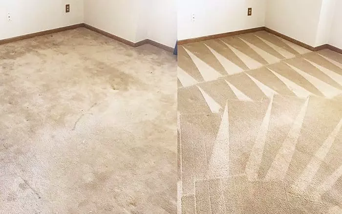 Before and after comparison of professional carpet cleaning in a room corner